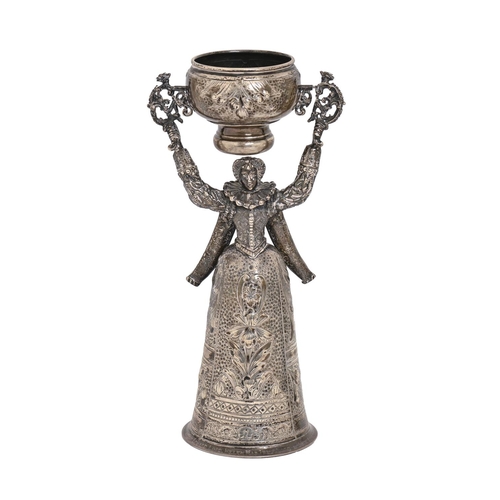 346 - A German silver wager cup in the form of a 16th c noblewoman, with arm's upraised, 21.5cm h, by Ludw... 