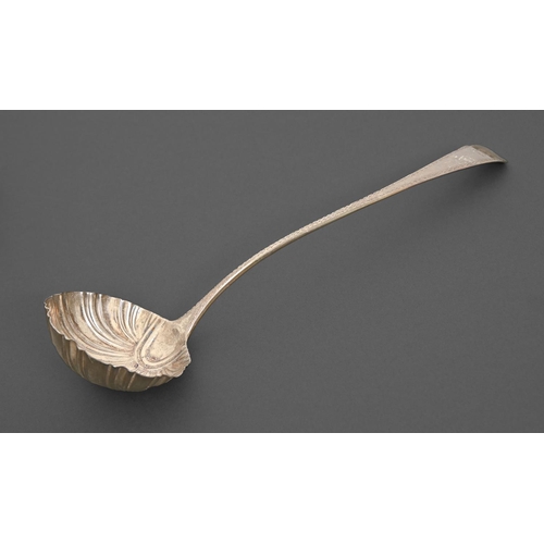 349 - A George III silver soup ladle, bright cut Old English pattern with shell bowl, crested, by Peter an... 