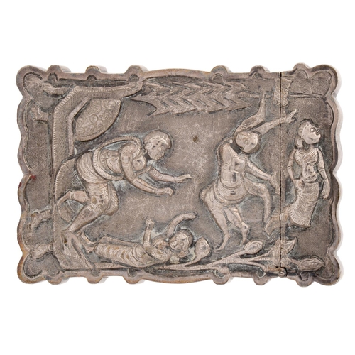 413 - An Indian silver repousse card case, 19th c, chased in high relief with figures, 89mm h, 2ozs 17dwts... 