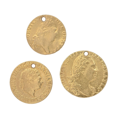 456 - Gold coins. George III, Guinea, 1775, Fine; Half Guinea, 1794 good; Sovereign, 1820, Fine, total c20... 