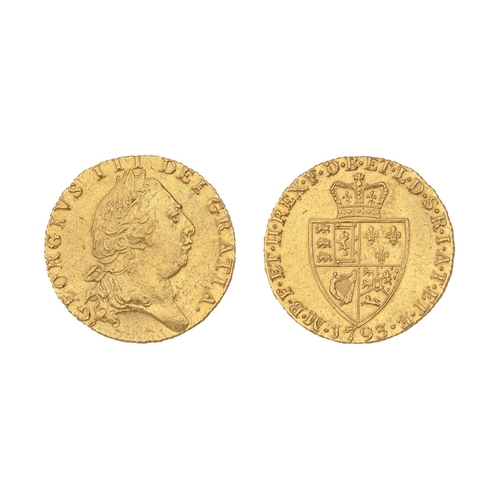 457 - Gold coin. George III, Guinea, 1793, bright with minor surface marks, 8.4gm, good VF+... 