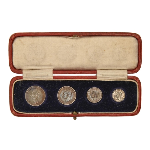 467 - Maundy money. 4d, 1939, 3d and 2d 1941 and penny 1950, scarlet morocco case