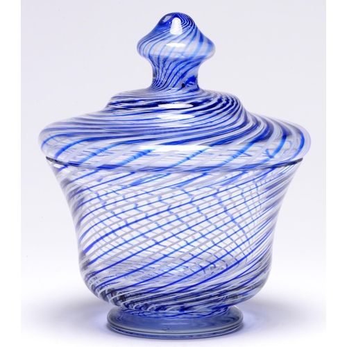 565 - A blue glass spiral twist jar and cover, 22cm h