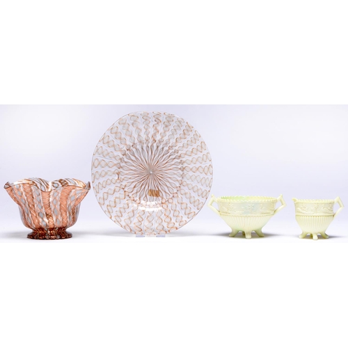 570 - A Venetian glass finger bowl and stand and an aesthetic movement press moulded glass cream jug and s... 