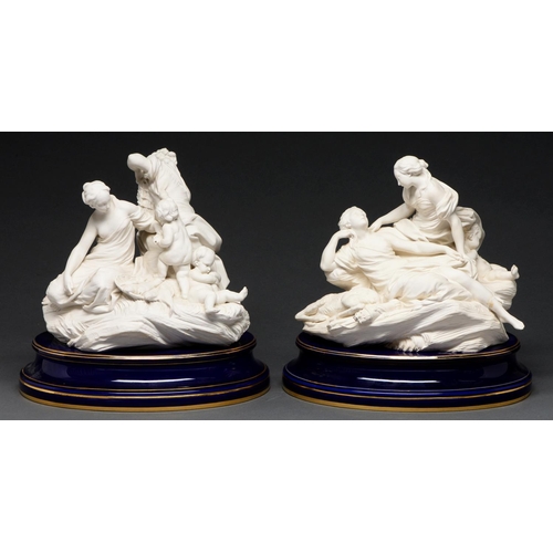 584 - Two Sevres biscuit porcelain groups, c1932, of fishing after the model by Etienne-Maurice Falconet, ... 