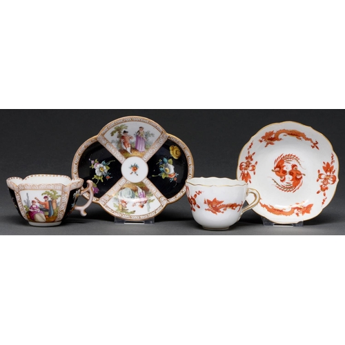 591 - A Meissen Red Dragon pattern coffee cup and saucer and another German cup and saucer, 20th and late ... 