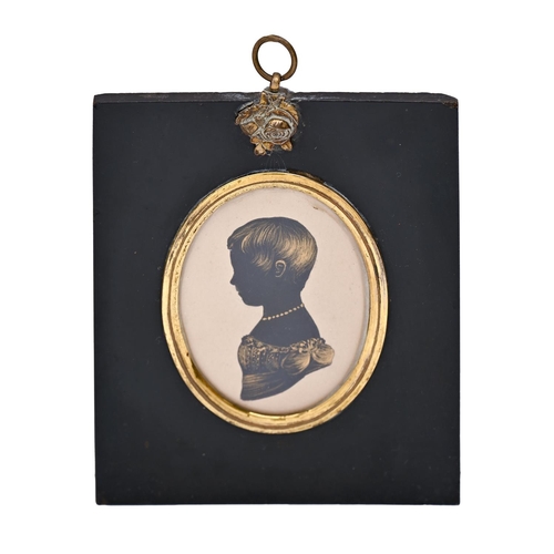 643 - English Profilist, c1840 - Silhouette of a Child, cut paper, ink and gold, oval 75mm, papier mache f... 