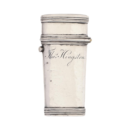 658 - A George III silver lancet case,  with reeded borders, the front engraved Thos Hingston, 63mm h, mak... 