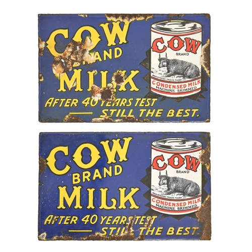 698 - Two pictorial enamelled advertisements, early 20th c - COW BRAND MILK AFTER 40 YEARS TEST STILL THE ... 