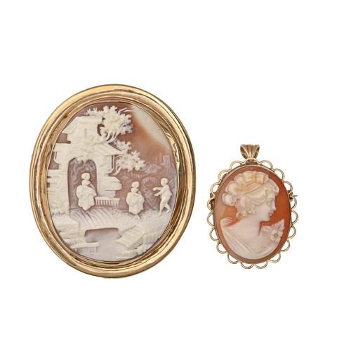 79 - A cameo brooch and a smaller cameo brooch-pendant, both in gold, 59mm and smaller, 29.5g... 