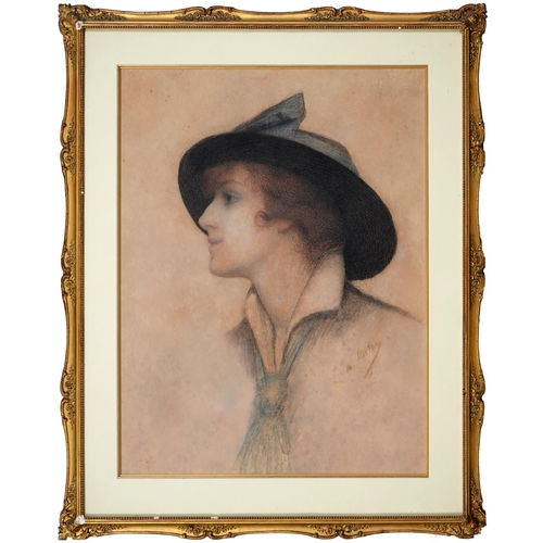 809 - L.M. Latary, early 20th c - Portrait of a Lady of Fashion, head-and-shoulders length, in profile, si... 