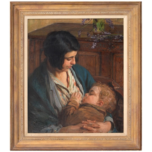 812 - British School, early 20th century - Portrait of Mother and Child, half-length, seated in an interio... 