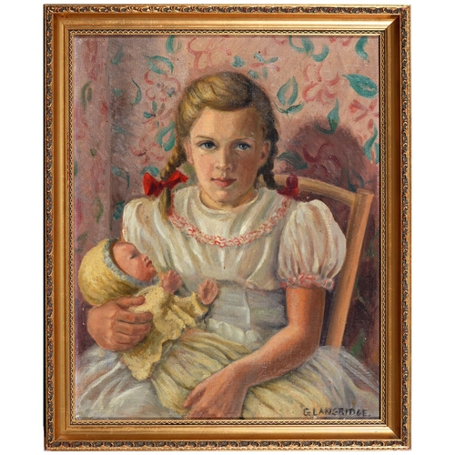 820 - G. Langridge, mid-20th c - Portrait of a Young Girl with her Toy Doll, three-quarter length, signed,... 