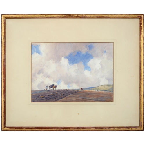 830 - Joseph H. Vignoles Fisher (1864-1945) - Ploughing on the South Downs, signed, titled to verso, water... 