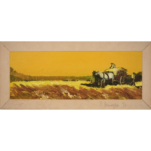 836 - P. Harrington, 20th c - Haymaking, a pair, signed and dated 72, acrylic on boards, 17.5 x 48cm... 