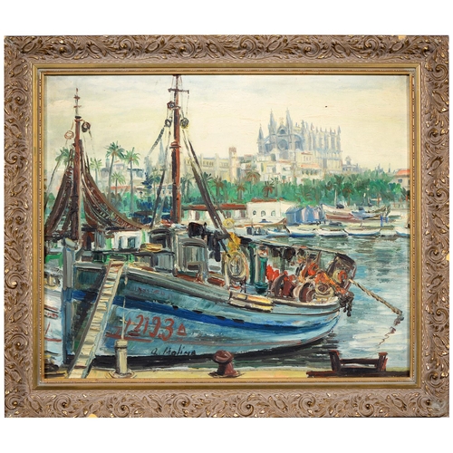 838 - A. Molina, 20th c - Palma Cathedral and Harbour, Majorca, signed, oil on canvas, 37 x 44cm... 