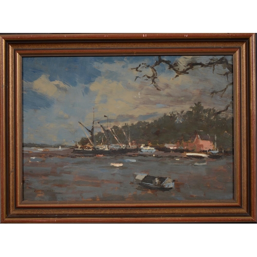 840 - Stanley Miller (b. 1948) - Riverscape, signed, oil on board, 27.5 x 39.5cm