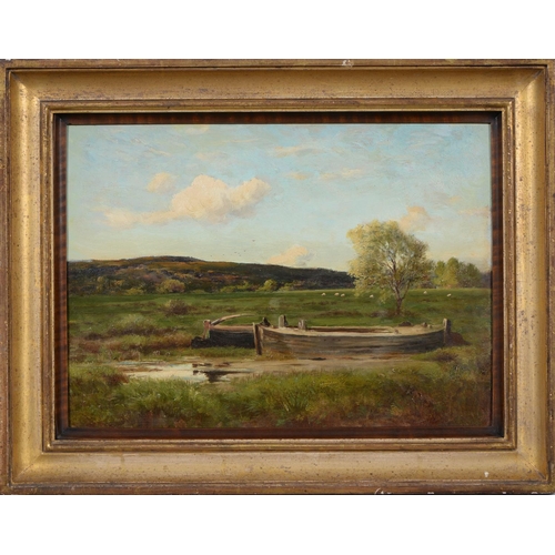 844 - Attributed to James Peel - Boats Moored in an Estuary, twice attributed to verso, oil on board, 23 x... 