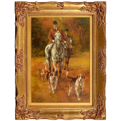 852 - English School, 20th c - Fox Hunters and Three Beagles, oil, 33 x 22cm