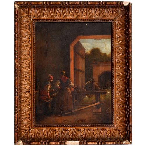 854 - Dutch School, 19th c - Women Weaving at a Loom, oil on canvas, 31 x 23cm