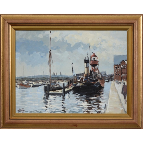 856 - English Marine School, 20th c - Harbour Quayside, indistinctly signed, acrylic on board, 30 x 40cm... 