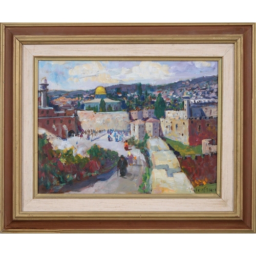 857 - Israeli Impressionist School - The Old City of Jerusalem, signed in Modern Hebrew, oil on canvas, 29... 