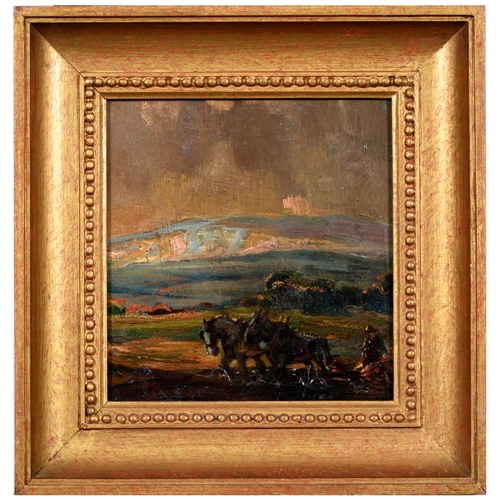 858 - English Impressionist School - Ploughing Scene, oil, 22 x 20.5cm