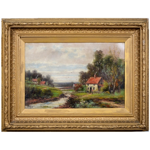 867 - Abraham Hulk Junior (1851-1922) - Cottages by a Stream, signed, oil on canvas, 39 x 60cm... 