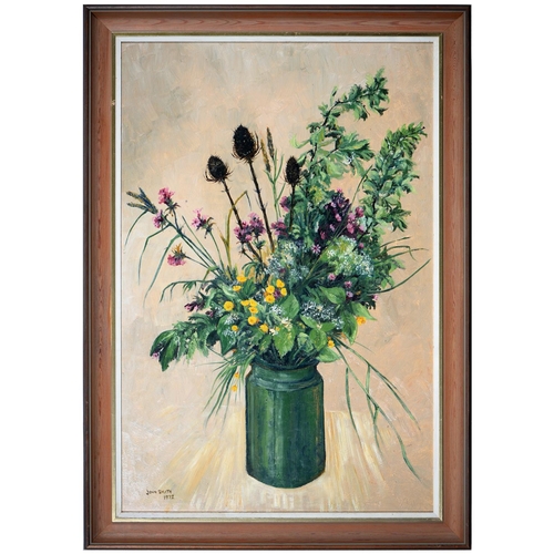 874 - John Smith, 20th century - Wild Flowers in a Jar,  signed and dated 1972, oil on board, 90 x 59cm... 