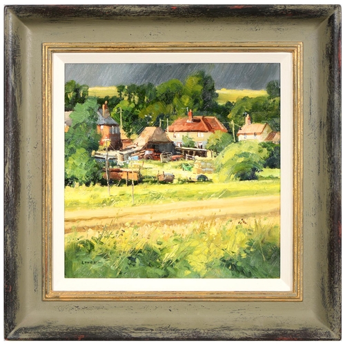 878 - John Lines RBSA, RSMA (1938-)  Valley Farm, SIGNED,  oil on board, 25 X 25cm