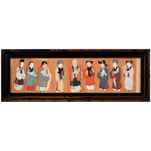 881 - A set of Chinese padded silk, gouache, paper collage and hair figures of immortals, including Zhong ... 