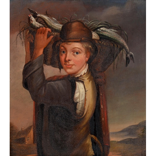 885 - British School, 19th c - Boy with a Basket of Fish; Girl with a Basket of Fruit, a pair, oil on pane... 