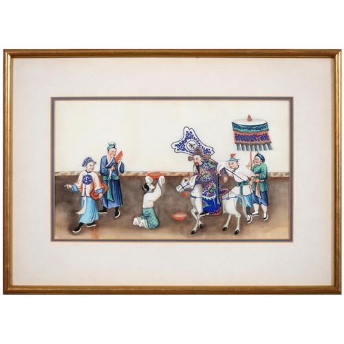 887 - Chinese School, 19th c - Mounted Dignitary and Attendants, gouache on rice paper, 18 x 30.5cm... 