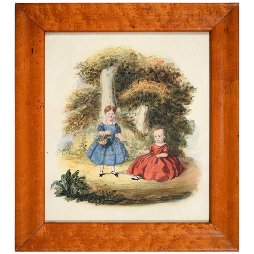 897 - English School, 19th c - Two Children by Trees, watercolour, 21.5 x 18.5cm, bird's eye maple frame... 