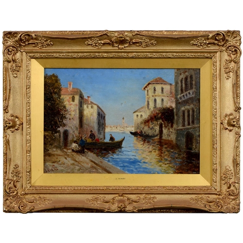 898 - Circle of Antoine Bouvard – Gondoliers Venice; A Venetian Canal, a pair, both signed J Vindi, oil on... 