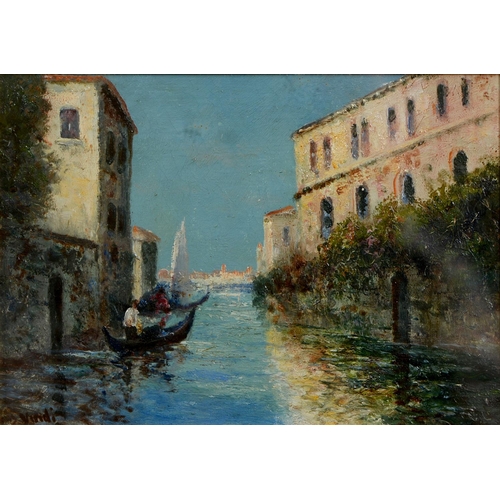 898 - Circle of Antoine Bouvard – Gondoliers Venice; A Venetian Canal, a pair, both signed J Vindi, oil on... 