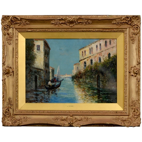 898 - Circle of Antoine Bouvard – Gondoliers Venice; A Venetian Canal, a pair, both signed J Vindi, oil on... 