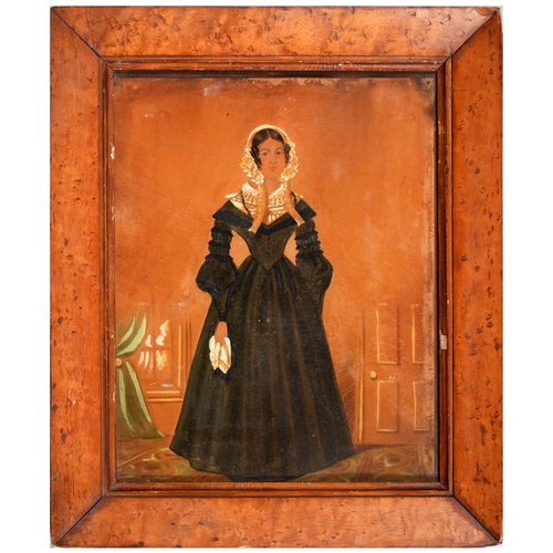 900 - English Naive Artist, 19th c - Portrait of a Lady, small full length in a black dress, in an interio... 