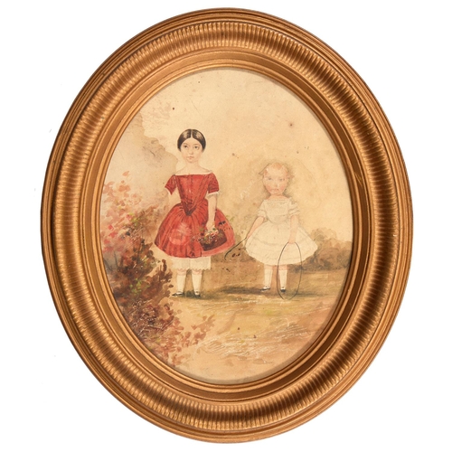 901 - English Naive Artist, 19th c - Two Children with a Basket of Flowers or Hoop, watercolour, oval, 25c... 