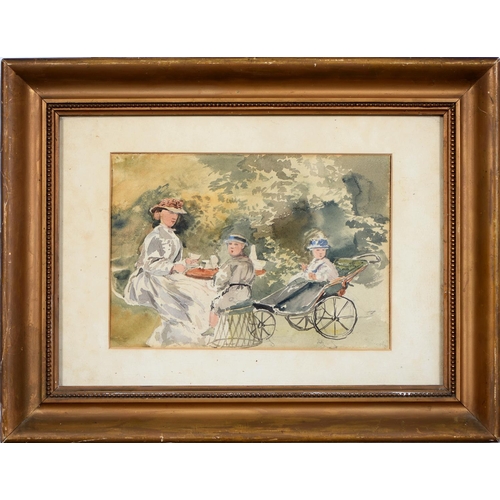 907 - Victorian School – Children Taking Tea with their Governess, watercolour, 17 x 24.5cm and six variou... 