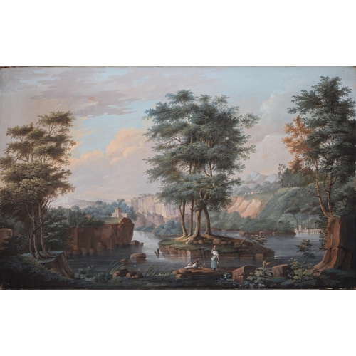 912 - Italian School, late 18th c - Classical Landscapes with Figures, a pair, gouache on paper laid on ca... 