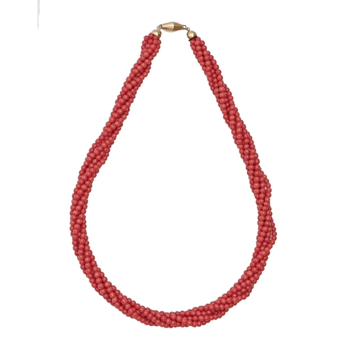 92 - A coral torsade, gold clasp, 42cm l, marked 750, 43g