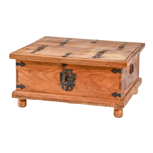 993 - An iron mounted hardwood blanket box, on turned feet, 41cm h x 89cm w and a pair of iron mounted har... 