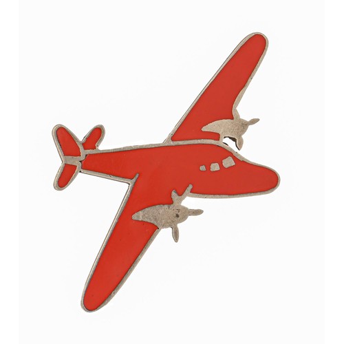 129 - A silver and red enamel aeroplane brooch, 74mm l, maker MPW, Sheffield 1968, 15.2g