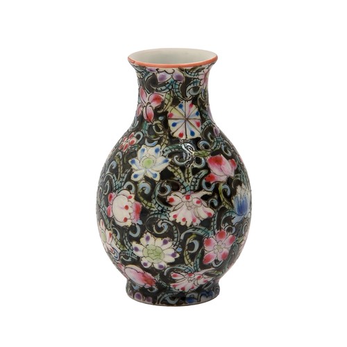 592 - A Chinese miniature famille rose black ground vase, 65mm h, Qianlong mark