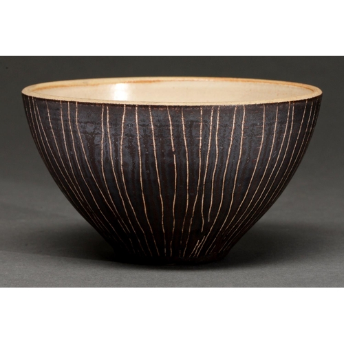 499 - Studio Ceramics. Bowl, thrown stoneware and brown-black slip with incised lines, 13.5cm diam, potter... 