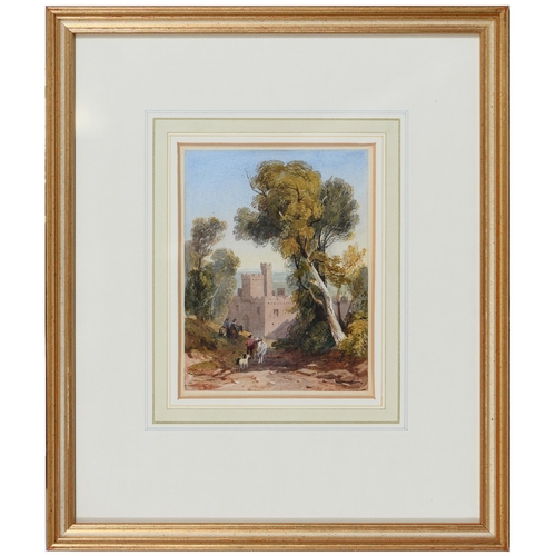 740 - David Cox Junior ARWS (1809-1886) - A Hunting Party near Naworth Castle, watercolour, 16.5 x 12.5cm&... 