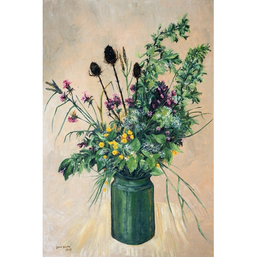 743 - John Smith, 20th century - Wildflowers in a Jar,  signed and dated 1972, oil on board, 90 x 59cm... 