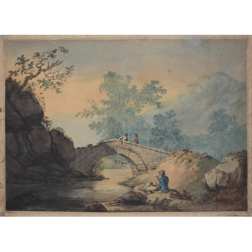 744 - Late 18th c Follower of Paul Sandby - An Angler and Servant Girl by a Tree lined River through a Par... 