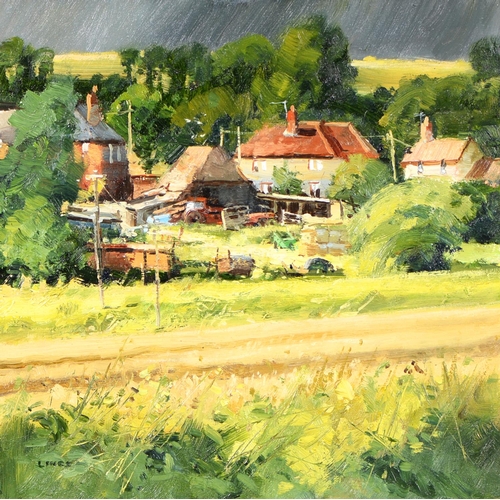 746 - John Lines RBSA, RSMA (1938-)  Valley Farm, signed, oil on board, 25 X 25cm